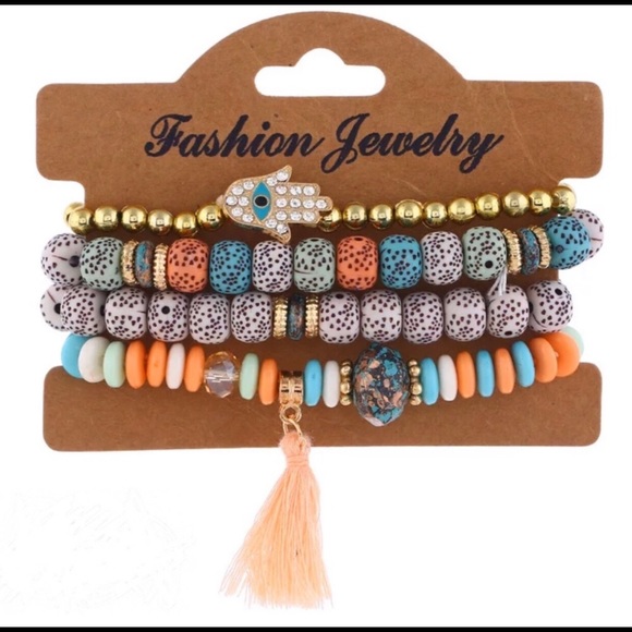 NEW 4 pc multi colored hamsa bead bracelet set - Picture 3 of 3